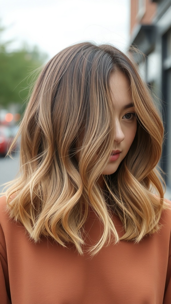 A woman with a long bob hairstyle featuring subtle waves and a gradient hair color.