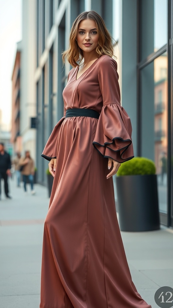 A woman in a long brown frock with statement sleeves, standing on a city street.