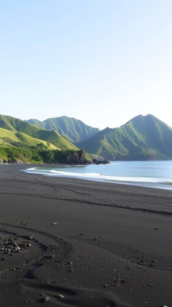 A scenic view of Lovina's black sand beach with green hills in the background.