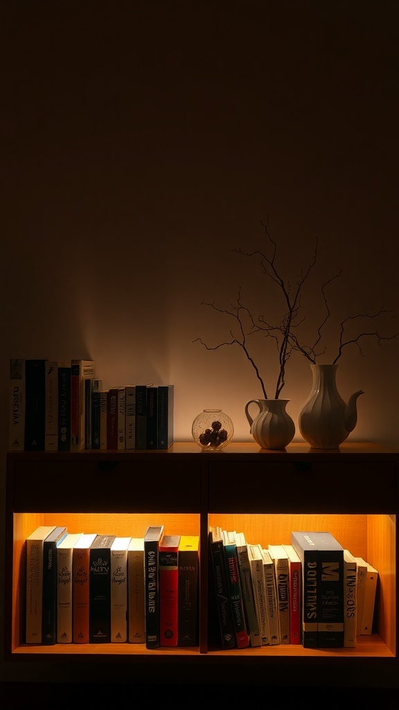 A low bookshelf with warm lighting, displaying books and decorative items.