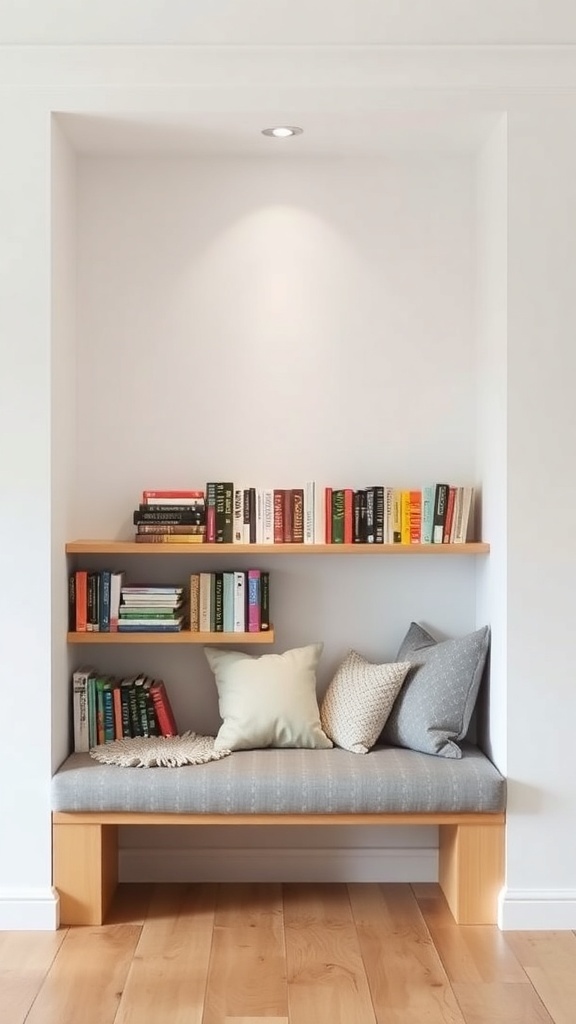 A cozy nook featuring a low bookshelf with integrated seating, showcasing books and decorative pillows.