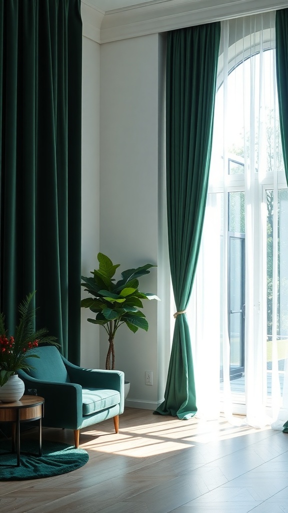 A cozy room with lush forest green drapes, a teal chair, and a potted plant, creating a warm and inviting atmosphere.