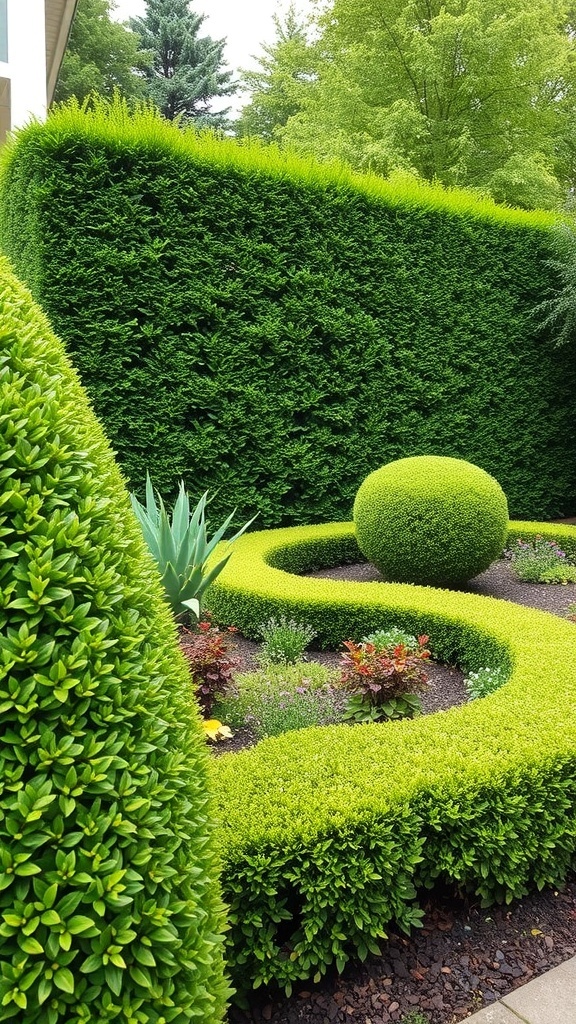 A front garden featuring lush green hedges, including rounded topiary and a winding path, creating a beautiful natural border.
