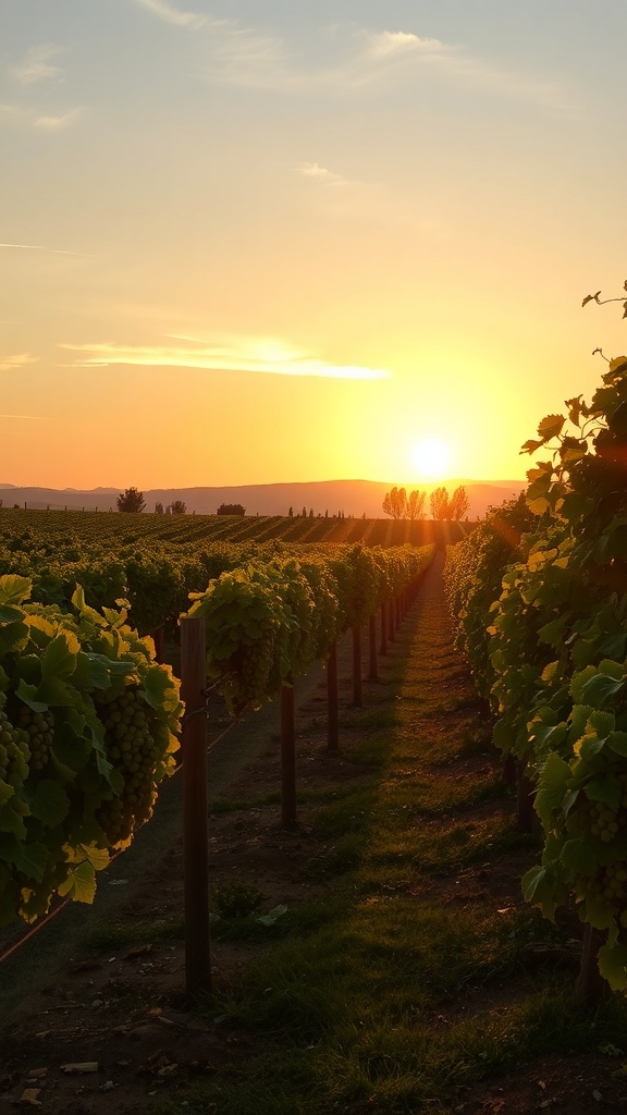 A beautiful vineyard landscape at sunset with rows of grapevines and a glowing sky.