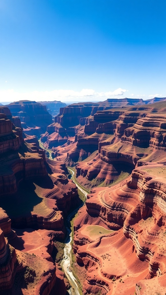 A panoramic view of Waimea Canyon showcasing its vibrant red and brown cliffs with a winding river below.