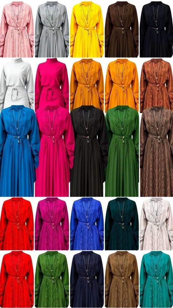A display of luxurious fabrics in various colors for Turkish abayas.