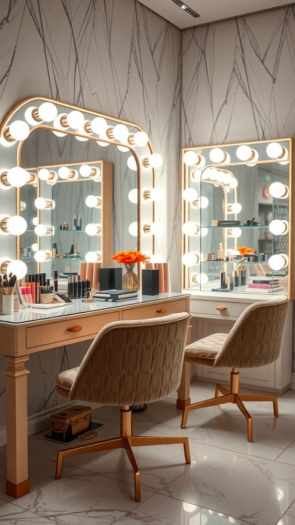 Luxurious Hollywood style dressing table with illuminated mirrors and elegant chairs