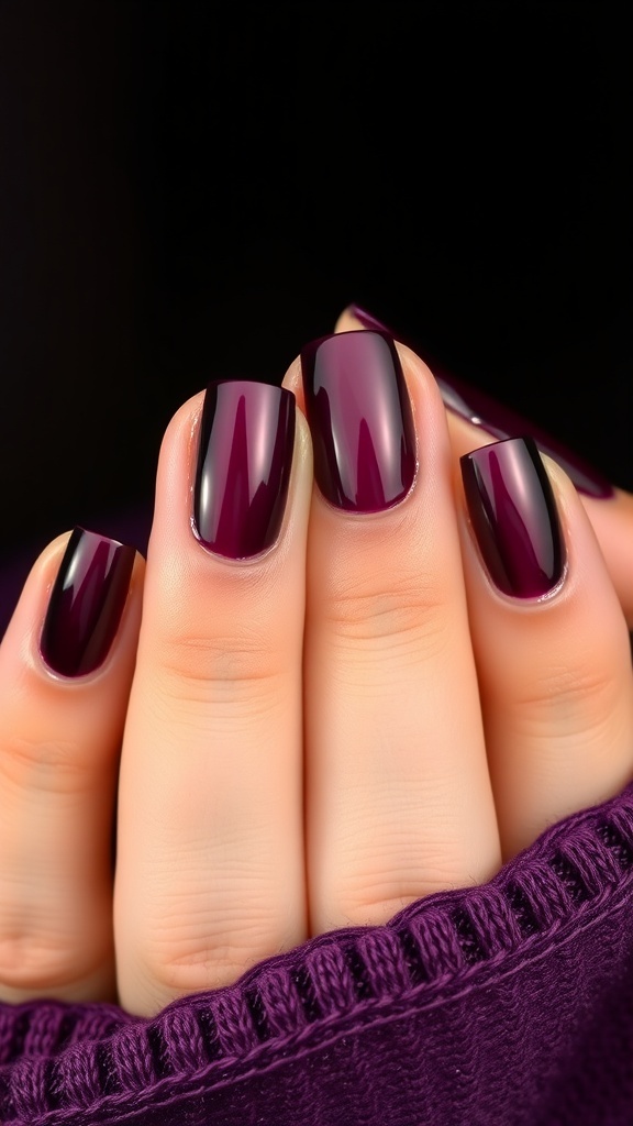 Close-up of elegantly manicured nails in dark burgundy color with a glossy finish.