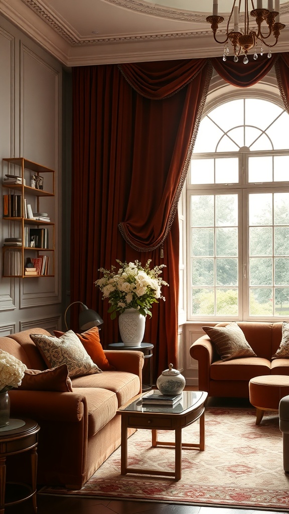 Luxurious living room with deep orange velvet curtains, elegant furniture, and decorative accessories.