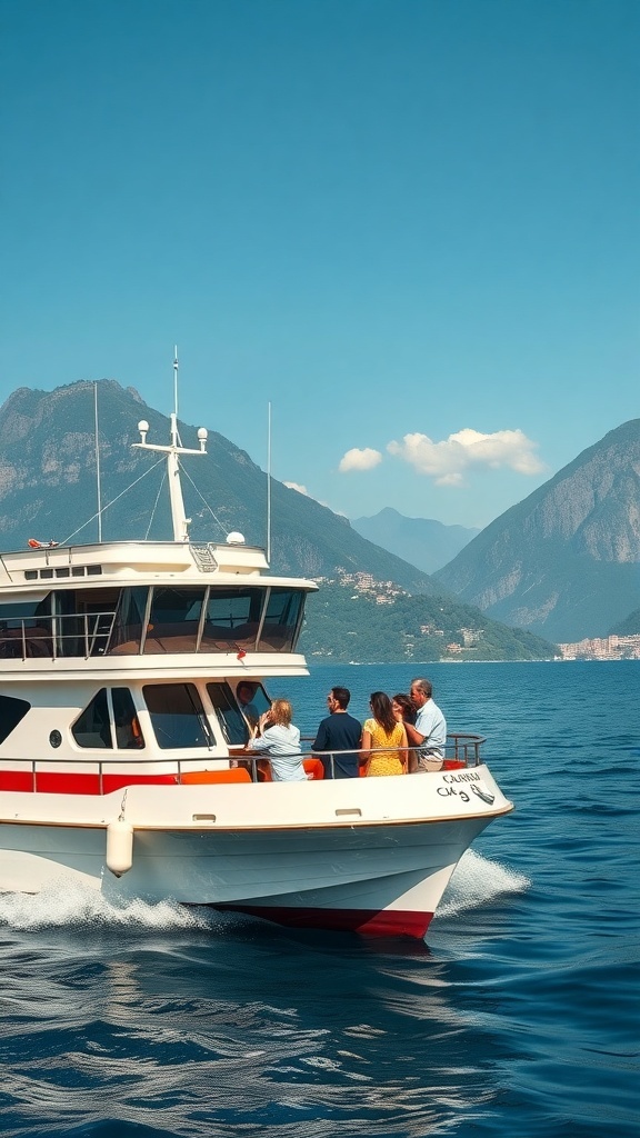 A luxury boat tour on Lake Como with passengers enjoying the scenic views.