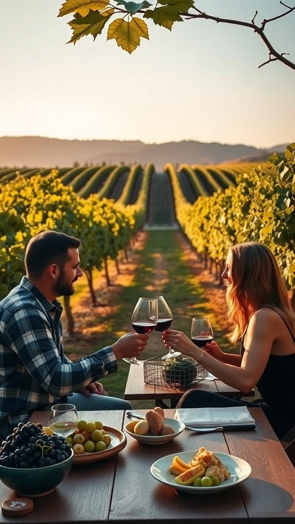 A couple toasting with wine glasses at a vineyard table, surrounded by grapevines and a beautiful sunset.