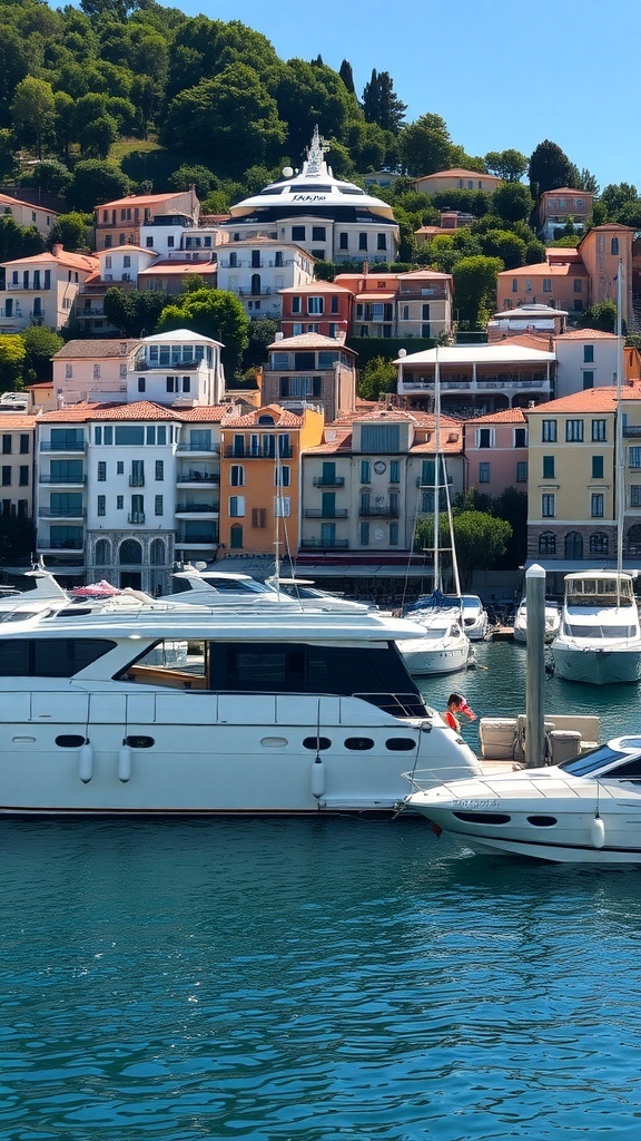 Luxury yachts docked in Portofino, Italy, with colorful buildings in the background.