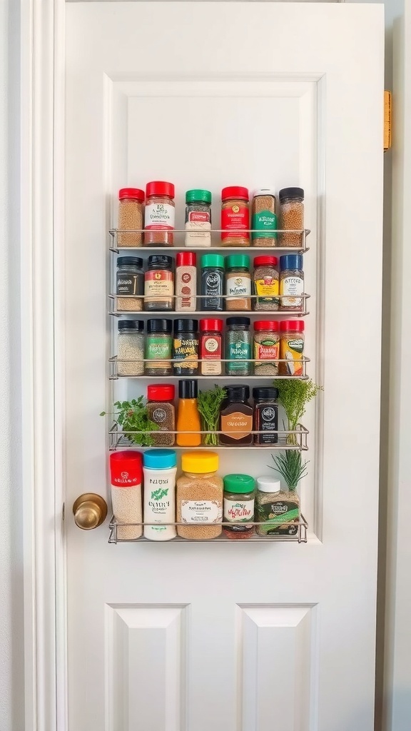 Magnetic spice rack mounted on a pantry door, showcasing various spice jars in an organized manner.