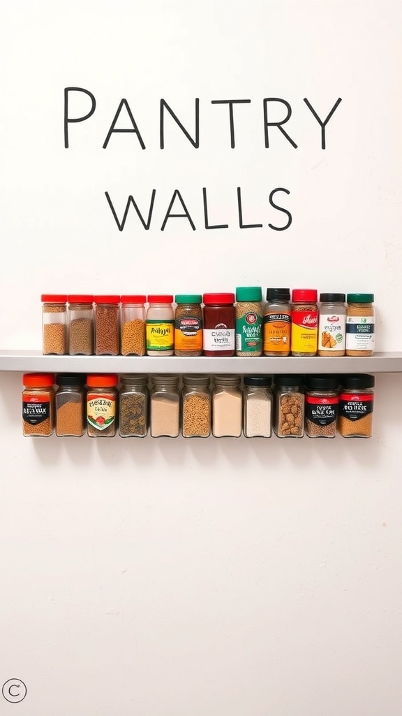 Spice jars organized on a magnetic strip in a pantry
