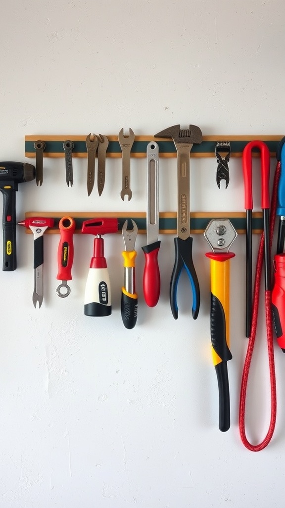 A wall-mounted magnetic tool holder displaying various tools in an organized manner.