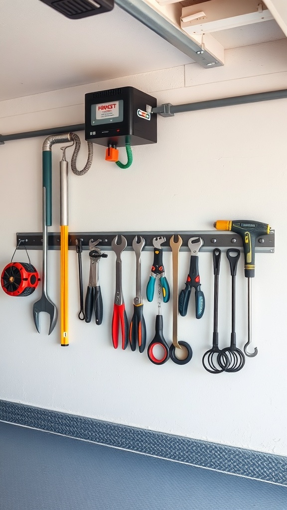 Magnetic tool storage on a garage wall with various tools organized neatly.
