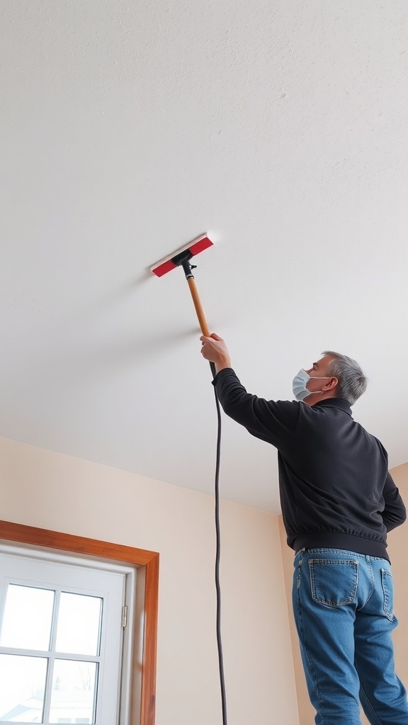 A person cleaning a gypsum ceiling with a long-handled duster.