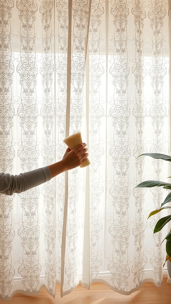 A person dusting lace curtains with a soft brush