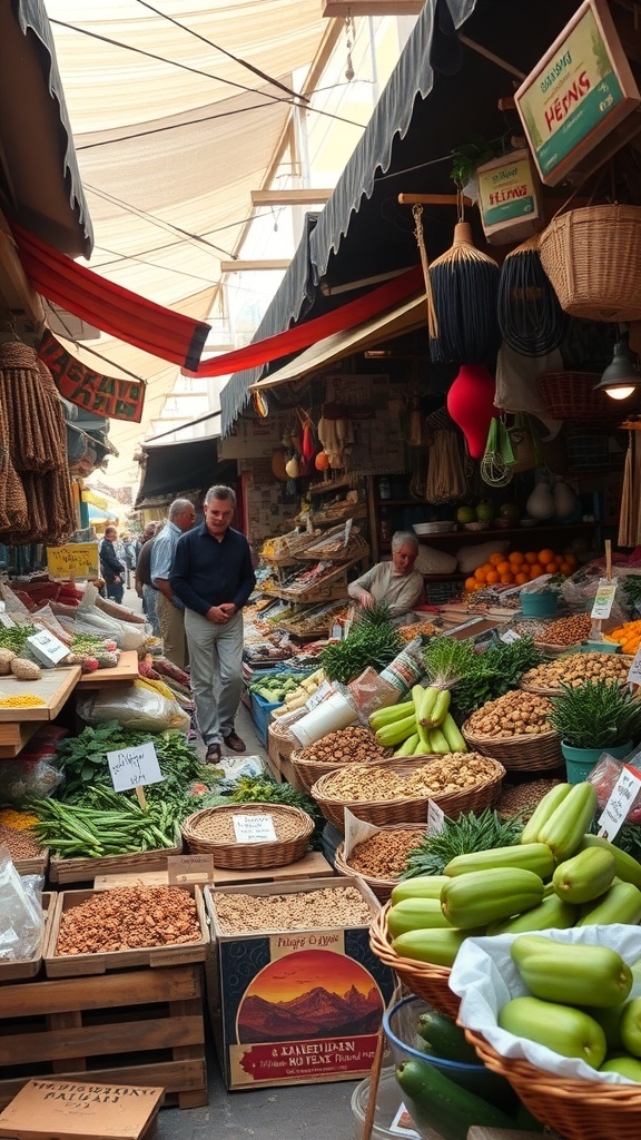 A bustling market in Izmir, Turkey, filled with fresh produce, nuts, and spices.