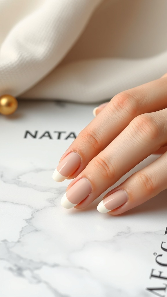 Close-up of a hand with matte nude nails featuring white tips on a marble surface.