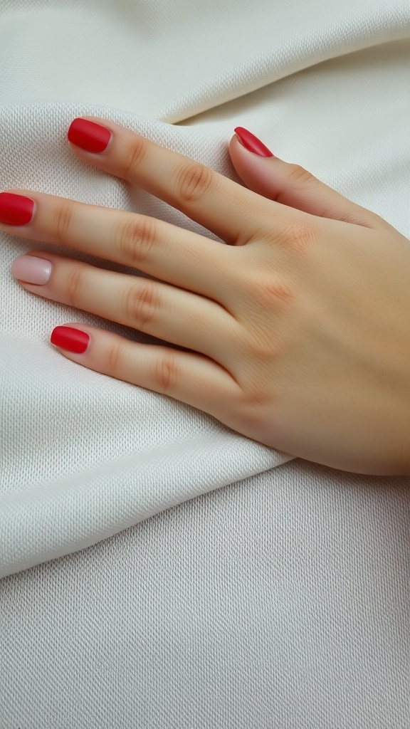 Hand with matte red nails on a white fabric background