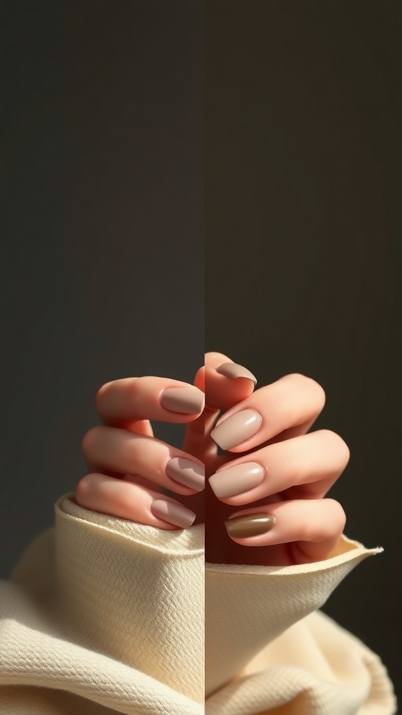 A split image showing hands with matte nails on the left and glossy nails on the right, both featuring minimalist designs.
