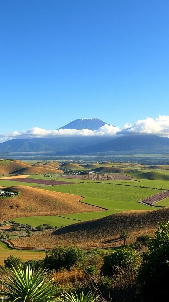 A scenic view of Maui's Upcountry featuring green fields and Haleakalā volcano under a clear blue sky.
