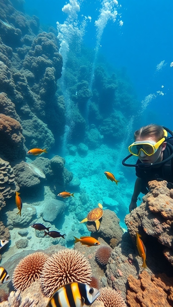 A snorkeler exploring vibrant coral reefs with colorful fish and a sea turtle in the clear waters of Maui, Hawaii.