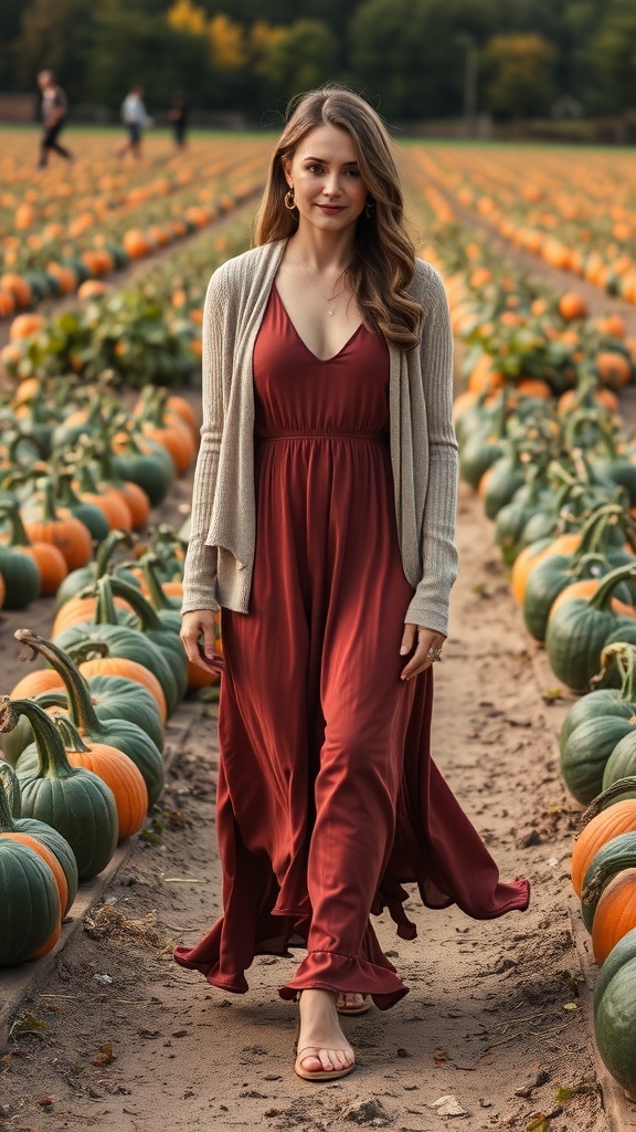 A woman in an orange maxi dress and grey cardigan walking through a pumpkin patch