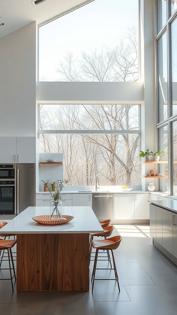 A modern semi-open kitchen with large windows allowing natural light to fill the space.