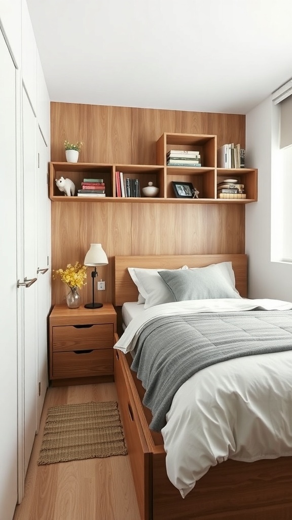 Cozy bedroom with wooden furniture, wall-mounted shelves, and a neatly made bed.