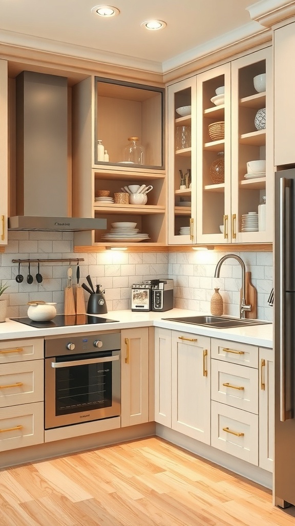A modern L shaped kitchen with light wood cabinets, a sleek countertop, and organized storage.