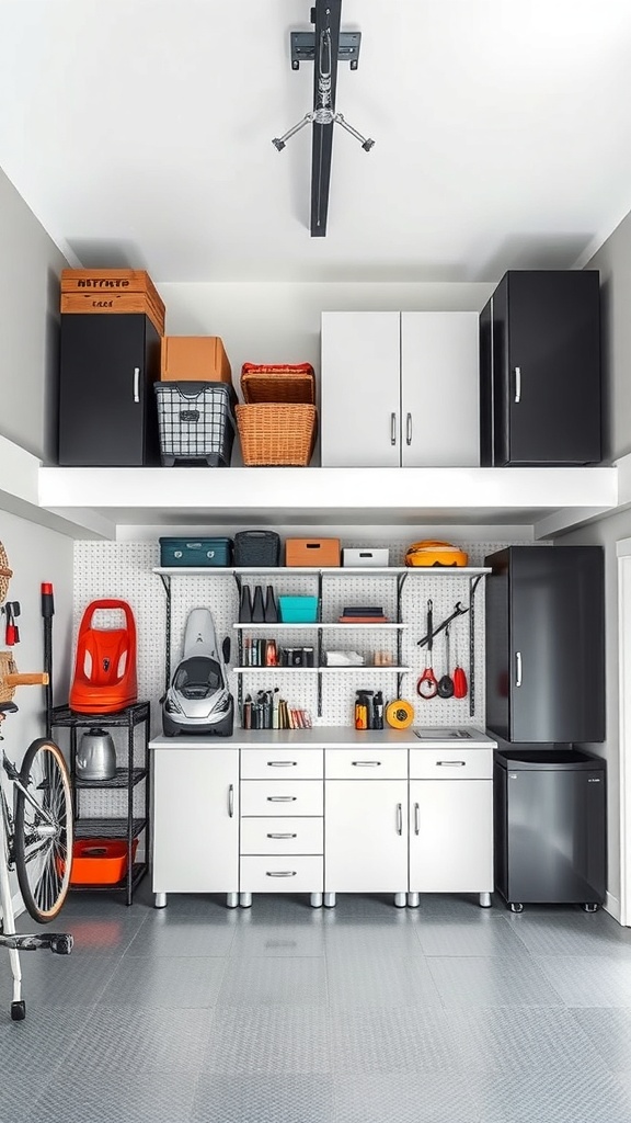Organized garage loft with overhead storage and pegboard for tools