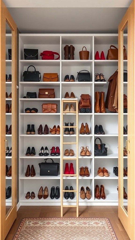 A well-organized wardrobe with vertical storage, featuring shelves filled with shoes and bags, and a ladder for easy access.
