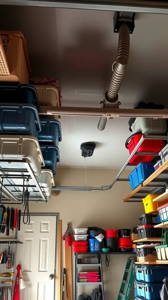 A well-organized garage with overhead shelves filled with colorful storage bins and tools.