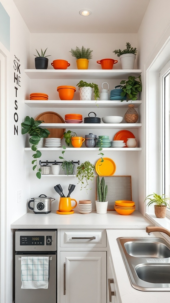 A bright and organized tiny kitchen with open shelves displaying colorful dishes and plants.