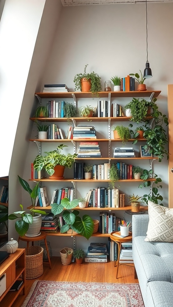 A stylish shelving unit filled with books and plants in a small loft apartment.