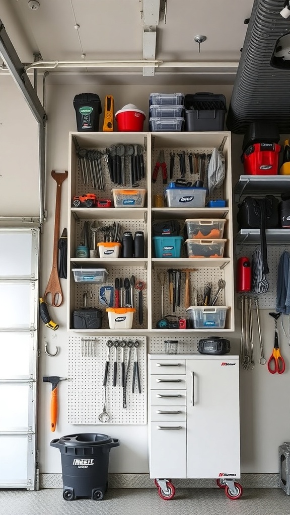 A well-organized garage with tall cabinets and a pegboard for tools.