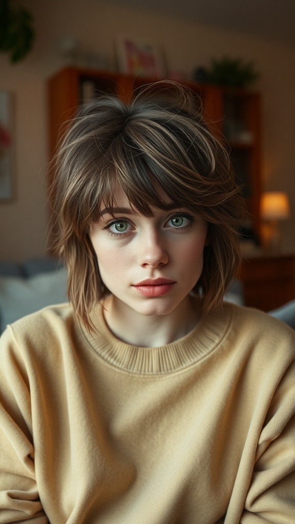 A person with messy short hair and choppy bangs, wearing a cozy sweater.
