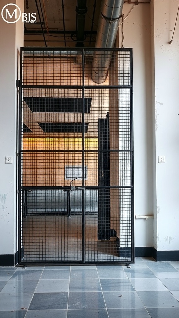 A black metal grille room divider in an industrial-style interior