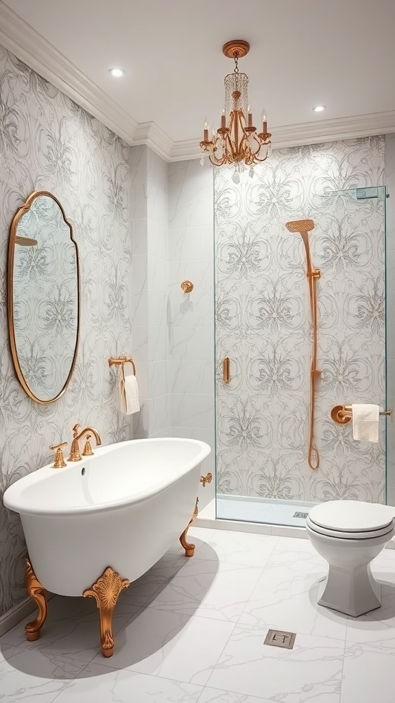 A luxurious bathroom featuring metallic accents with gold fixtures, a vintage bathtub, and elegant wallpaper.