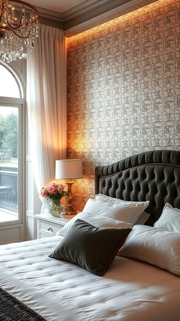 A stylish bedroom featuring metallic wallpaper, a plush headboard, and soft lighting.