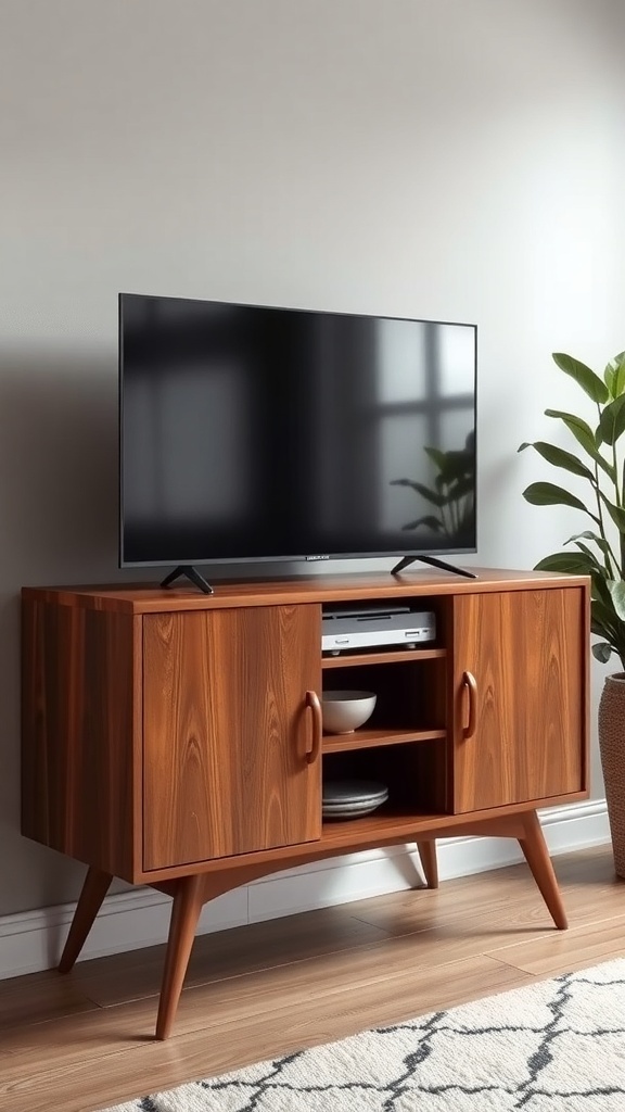 Mid-century modern TV cabinet with a vintage television on top, featuring wooden drawers and tapered legs.