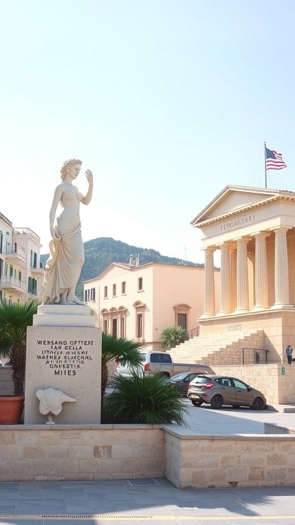 Statue of Aphrodite in Milos town square with a classic building in the background