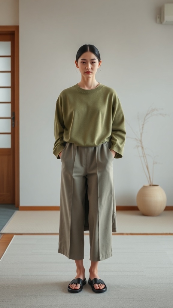 A model wearing a minimalist outfit with a green top and wide-legged trousers in a simple indoor setting.