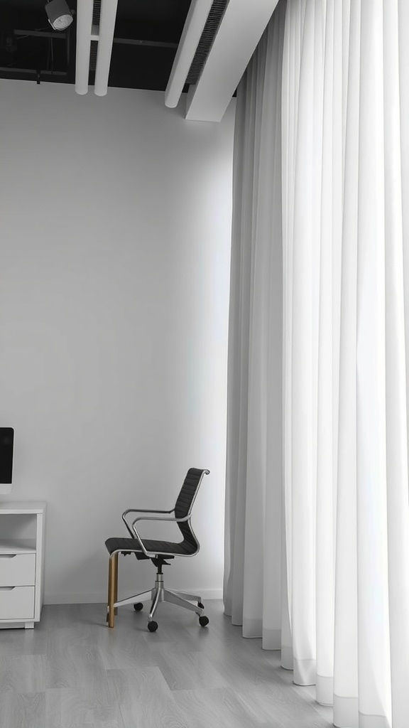 A minimalist room with white curtains, a modern chair, and a simple desk.