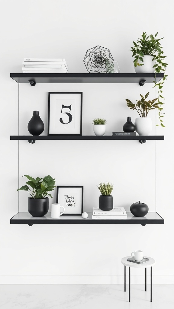 A minimalist shelf with black and white decor, featuring plants and a small round table.