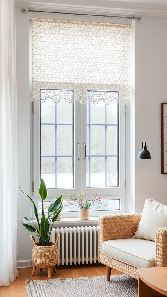 A minimalist crochet curtain hanging in a bright room with a potted plant and a cozy chair.