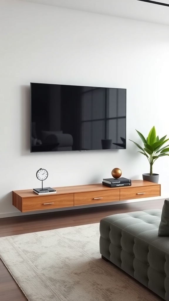 Minimalist floating TV stand with a TV mounted above it, featuring decorative items and a plant.