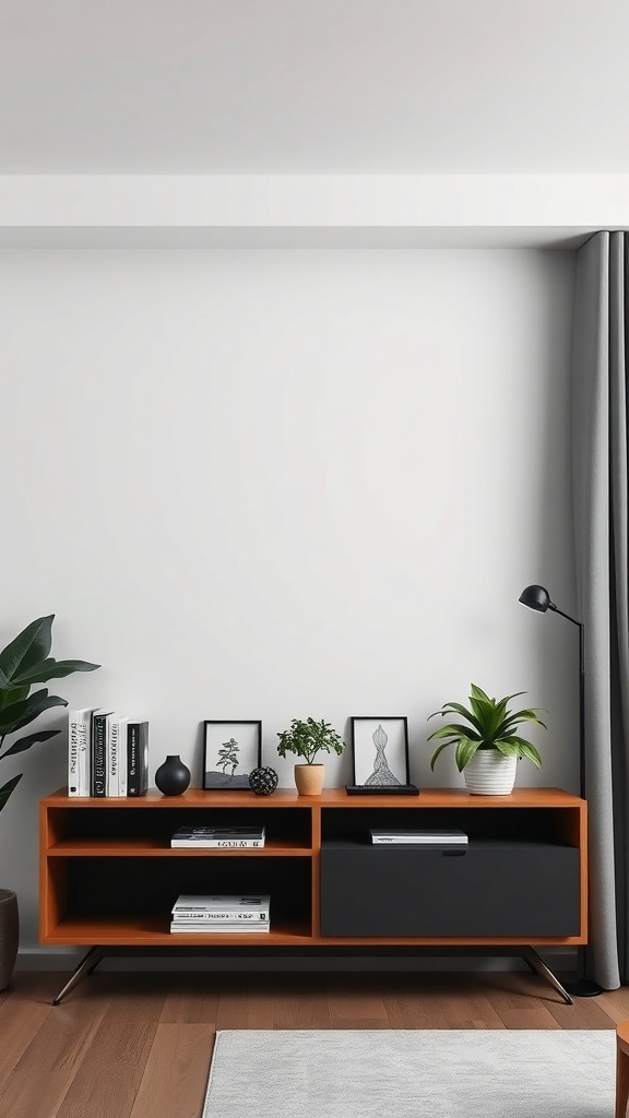 A minimalist low bookshelf with books, plants, and decorative items.